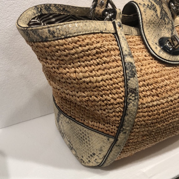 Coach Hampton Python Leather Trim Straw Shoulder Tote - Picture 5 of 12